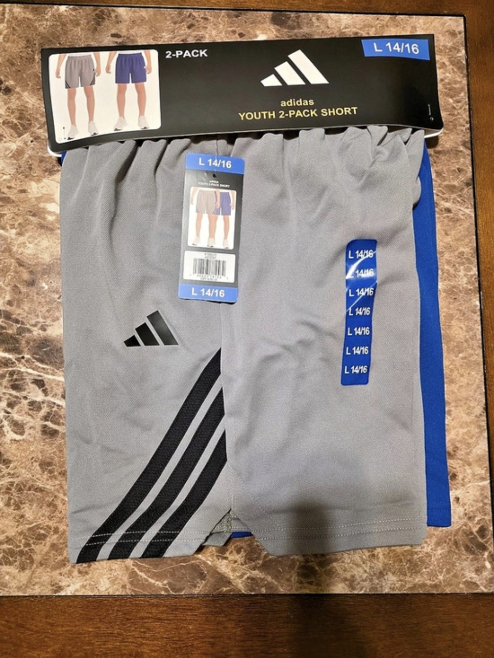 adidas Youth 2-Pack Short Athletic Shorts Blue & Gray Boys Large
